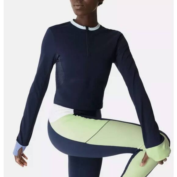 SWEATY BETTY Power Half Zip Long Sleeve Crop Top Blue XL - Picture 1 of 9
